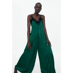 Zara emerald green wide leg silky jumpsuit